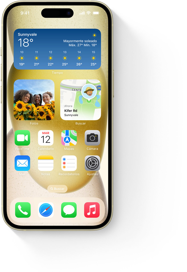 Pantalla Super Retina XDR del iPhone 15 que muestra un día soleado en la app Tiempo.