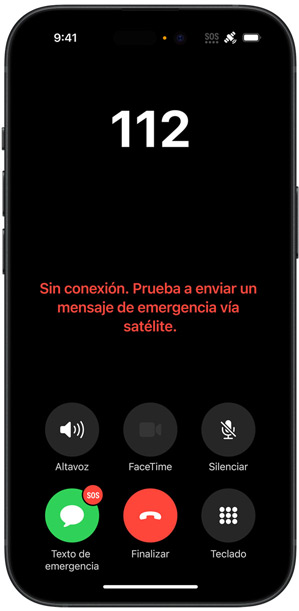 Un iPhone con el mensaje «Sin conexión. Prueba a enviar un mensaje de emergencia vía satélite.»