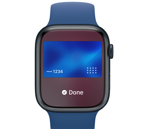 Een vooraanzicht van een Apple Watch. Iemand heeft betaald met Apple Pay.