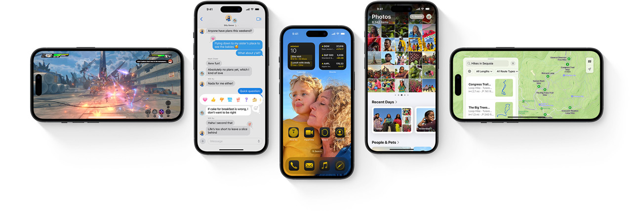 Adskillige iPhone-enheder, der viser nye funktioner i iOS 18