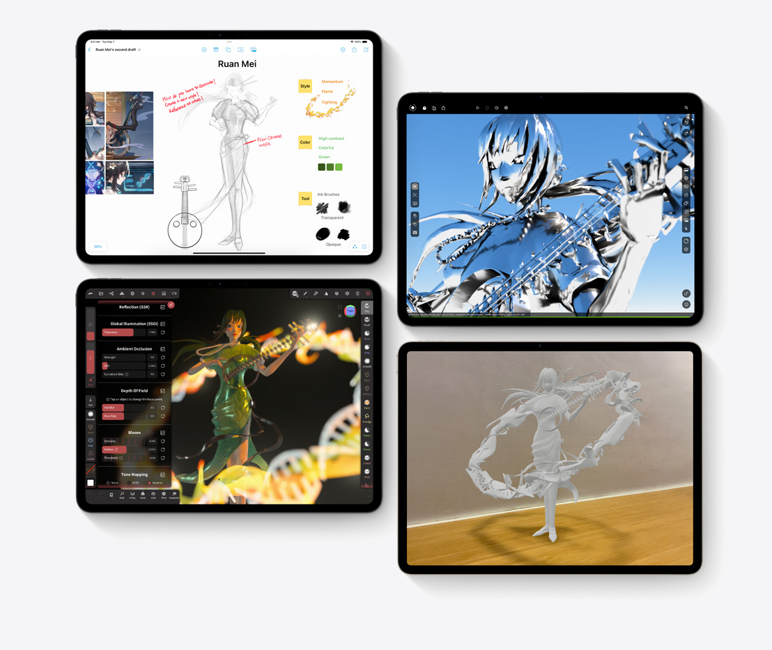 Four new iPad devices showing Freeform, Nomad Sculpt, Octane X, and Files, the apps used in different stages of a creative workflow.