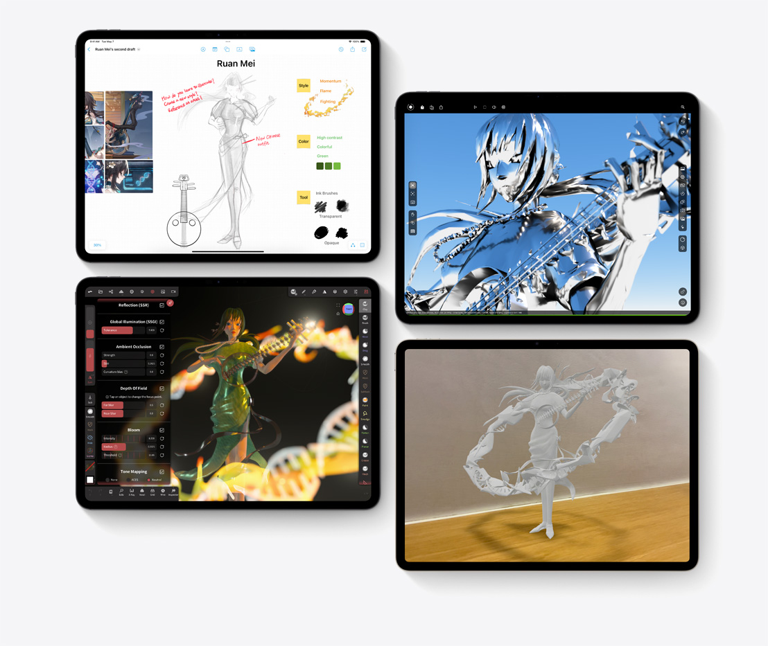 四部新款 iPad 畫面上分別顯示 Freeform、Nomad Sculpt、Octane X 及檔案 app 的介面，展示當中不同階段的創作過程。