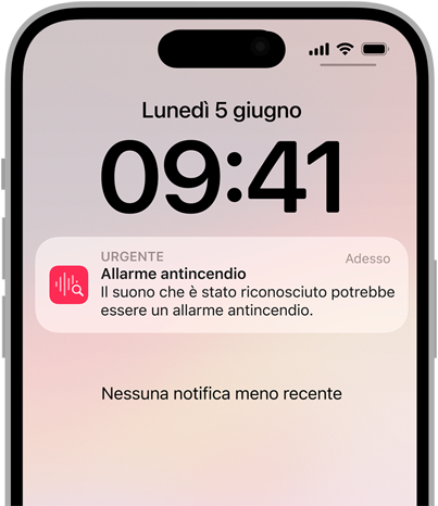 Un avviso di riconoscimento dei suoni per un allarme antincendio su iPhone.