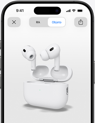 Imagen de la pantalla de un iPhone que muestra los AirPods Pro en realidad aumentada.