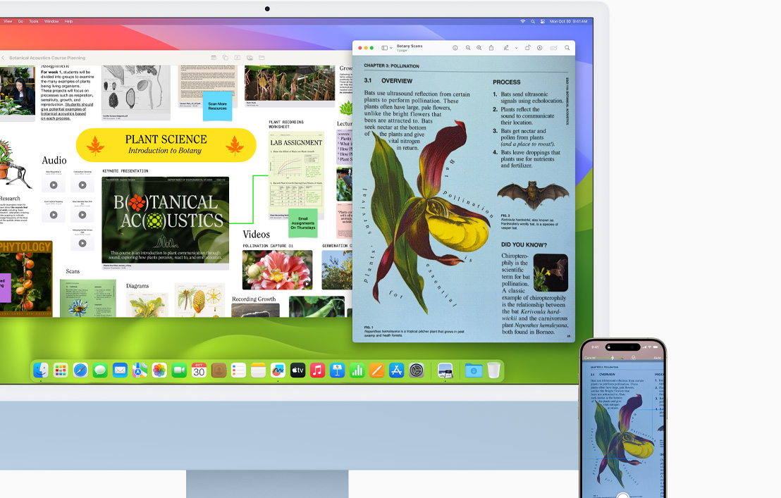 Ar iPhone 15 noskenēts dokuments, kas ir atvērts gan iMac, gan iPhone.