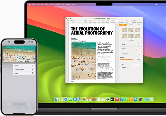 Showing user copying an image on iPhone, then pasting it into a document on MacBook Pro