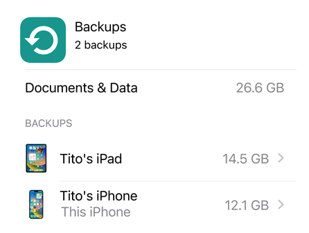 Screen of iCloud Backup data use