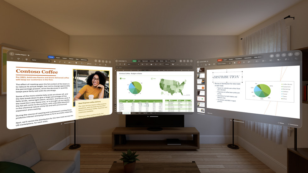 Microsoft Word, Excel en PowerPoint op Apple Vision Pro.