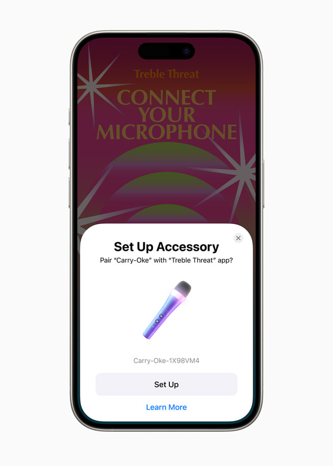 Een scherm van Accessory Setup Kit op een iPhone 15 Pro, waarin een microfoon wordt gekoppeld met een app genaamd Treble Threat.