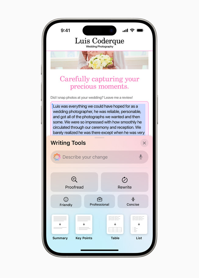 iPhone 15 Pro shows a message being composed with Writing Tools below it, including proofread and rewrite options.  