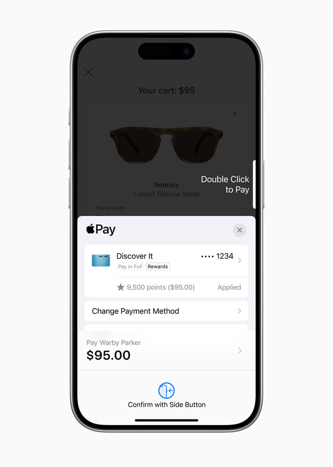 Una compra en Warby Parker con puntos de recompensa en un iPhone 15 Pro.