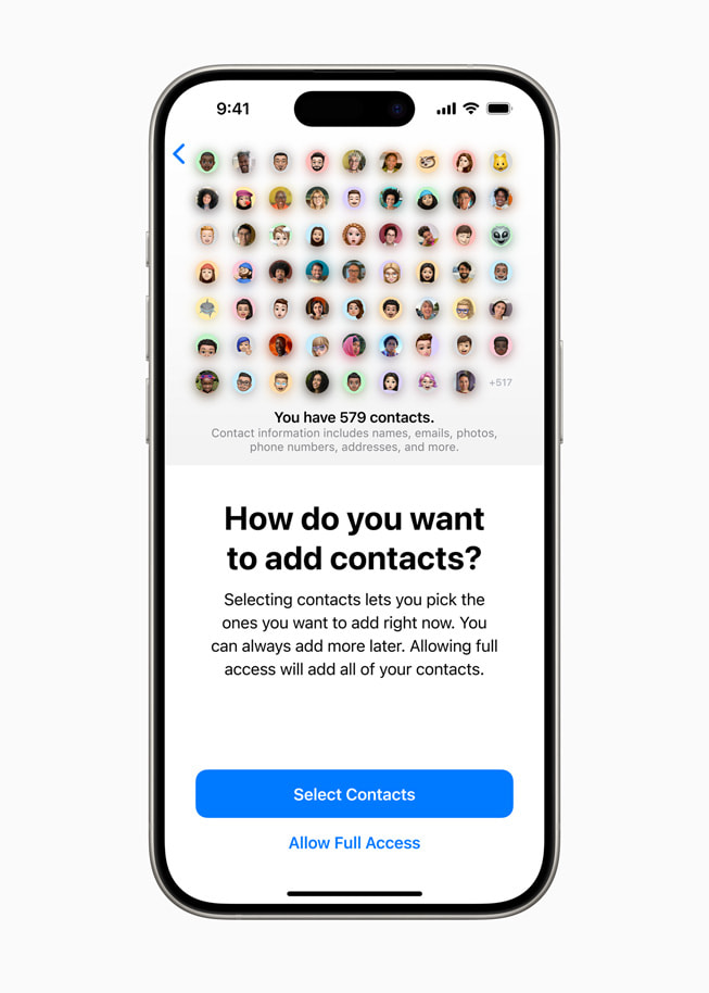 Het scherm van een iPhone 15 Pro met daarop de vraag ‘How do you want to add contacts’ en de opties ‘Select Contacts’ en ‘Allow Full Access’.