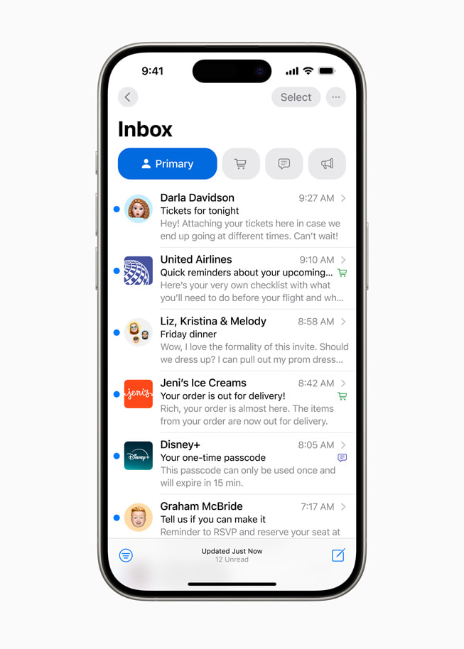 Een inbox in Mail op een iPhone 15 Pro, met het label ‘Primary’ boven een reeks e-mails.