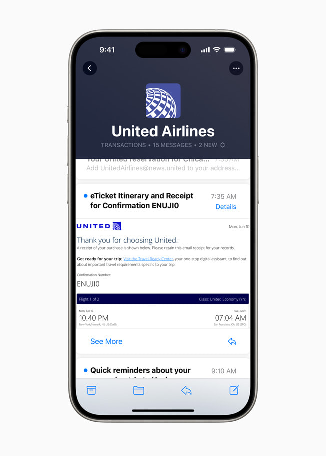 Een inbox op een iPhone 15 Pro, met meerdere e-mails van United Airlines.