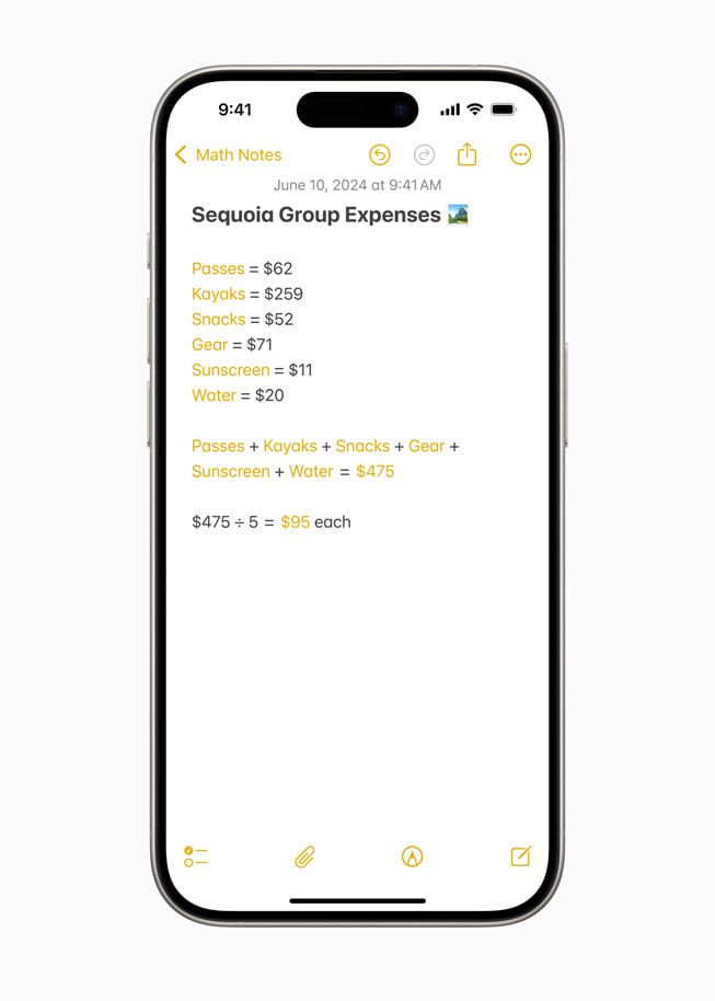 Op een iPhone 15 Pro wordt in Math Notes een berekening weergegeven met de naam ‘Sequoia Group Expenses’.