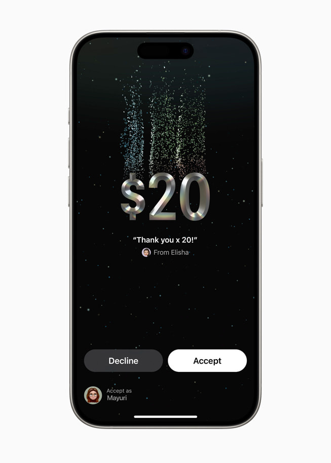 Op een iPhone 15 Pro wordt een Tap to Cash-transactie van 20 dollar weergegeven. Op het scherm staan ook twee knoppen met de woorden ‘Decline’ en ‘Accept’.