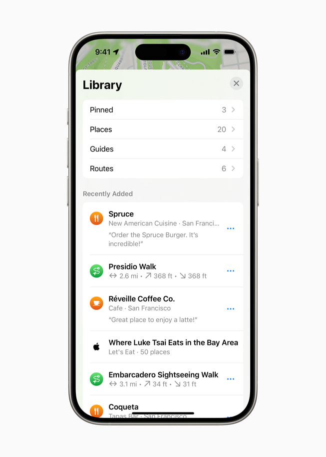 On iPhone 15 Pro, Apple Maps shows a user’s Places Library.