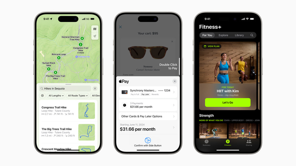 Drei iPhone 15 Pro mit dem neuen Feature „Wanderwege“ in Apple Karten, Prämien in Apple Pay und dem „Für Dich“-Bereich in Apple Fitness+.