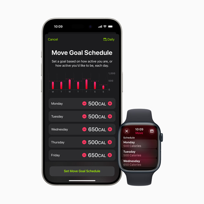 iPhone 15 Pro en Apple Watch Series 9 met een menu waarin gebruikers hun schema voor bewegingsdoelen kunnen vastleggen.