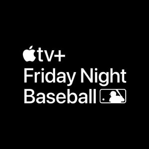 Een logo van Apple TV+ en ‘Friday Night Baseball’ van Major League Baseball.