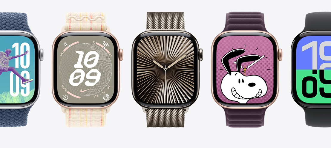 Five Apple Watch Series 9 with different watch faces. A Palette face, a Modular face, a Snoopy face, a Nike Globe face, and Playtime face.