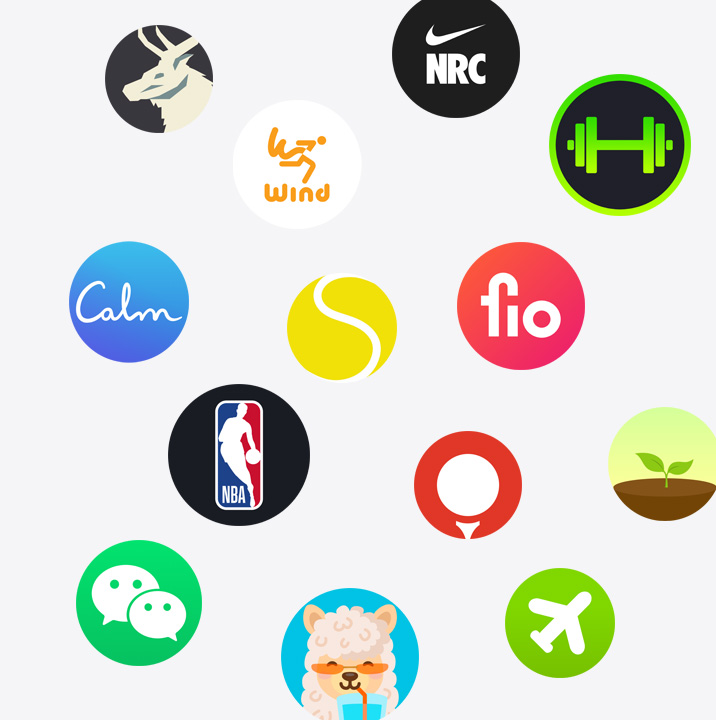 The icons of Apple Watch apps from the App Store. ChargePoint, Yelp, Nike Run Club, SmartGym, Calm, NBA, SwingVision, Oceanic+, WeChat, Waterllama, Golfshot, JetBlue, and AllTrails.