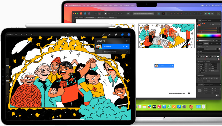Un utilizator creează o ilustrație folosind iPad și MacBook Pro