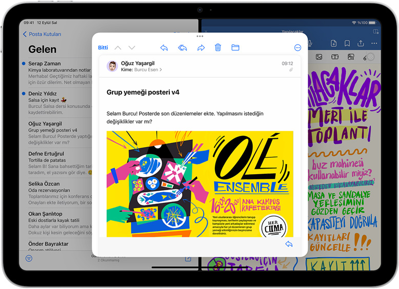 iPad’de yan yana Mail ve GoodNotes uygulamaları