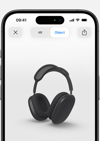 Image shows Space Grey AirPods Max in Augmented Reality screen on iPhone.