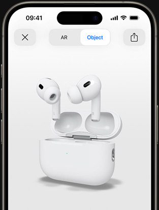 iPhone screen shows augmented reality rendering of AirPods Pro.