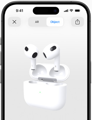 Skjerm som viser AirPods (3. gen.) vist i utvidet virkelighet på iPhone.