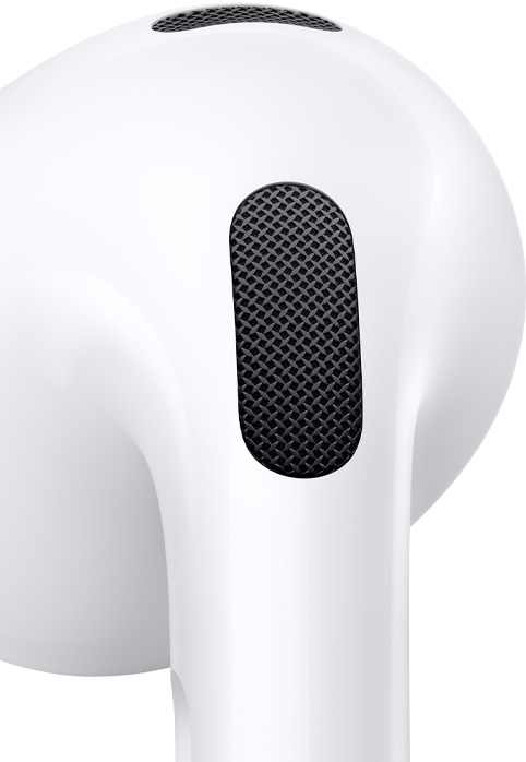 Bir AirPods kulaklığın dışındaki mikrofonun yakından görünümü.