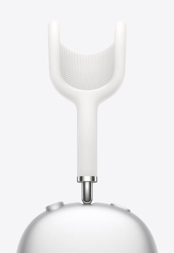 Mesh of canopy taut between curved Y-shaped canopy, flowing into a stemmed arm that connects to the ear cups of AirPods Max in Silver.