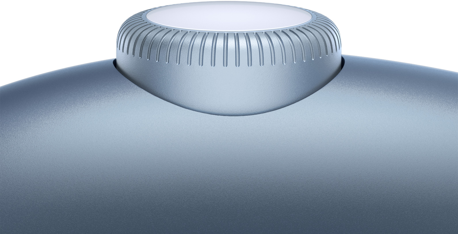 Animatie en close-up van een ronddraaiende Digital Crown van een hemelsblauwe AirPods Max. 