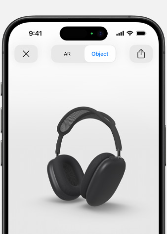 Afbeelding van spacegrijze AirPods Max in AR-scherm op iPhone.