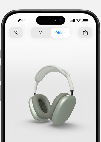 Imagem de um iPhone com os AirPods Max verdes em realidade aumentada.