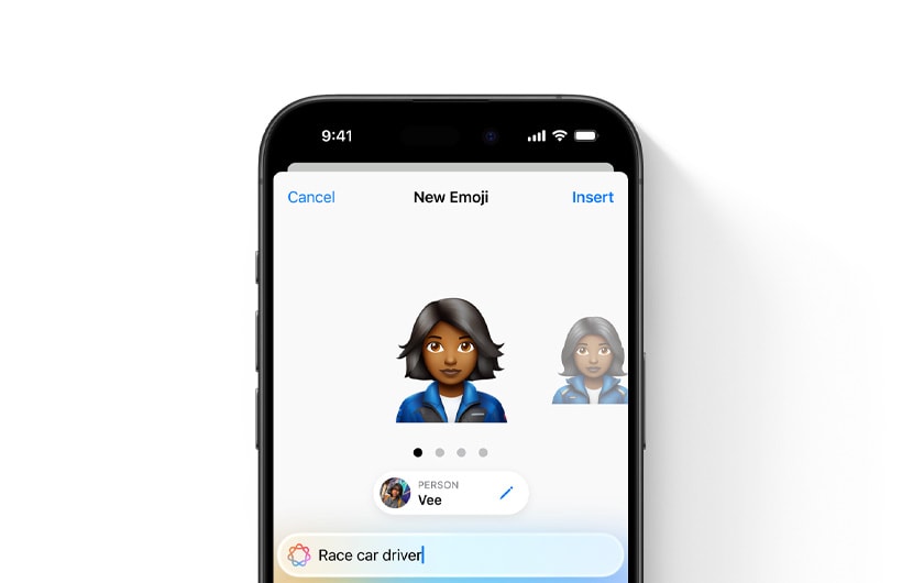 Prévia do Genmoji personalizado de uma pessoa chamada Vee com base no texto: piloto de carro de corrida.