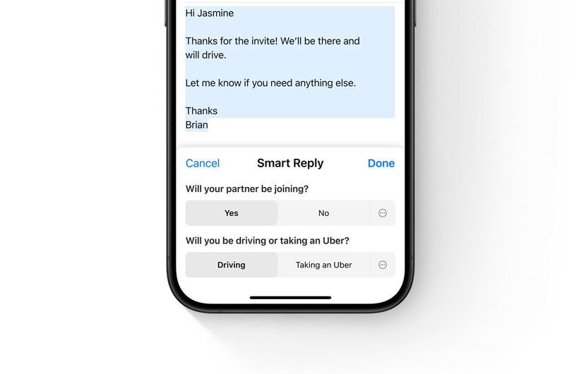 Un iPhone affiche des options de Réponse intelligente dans l’app Mail.