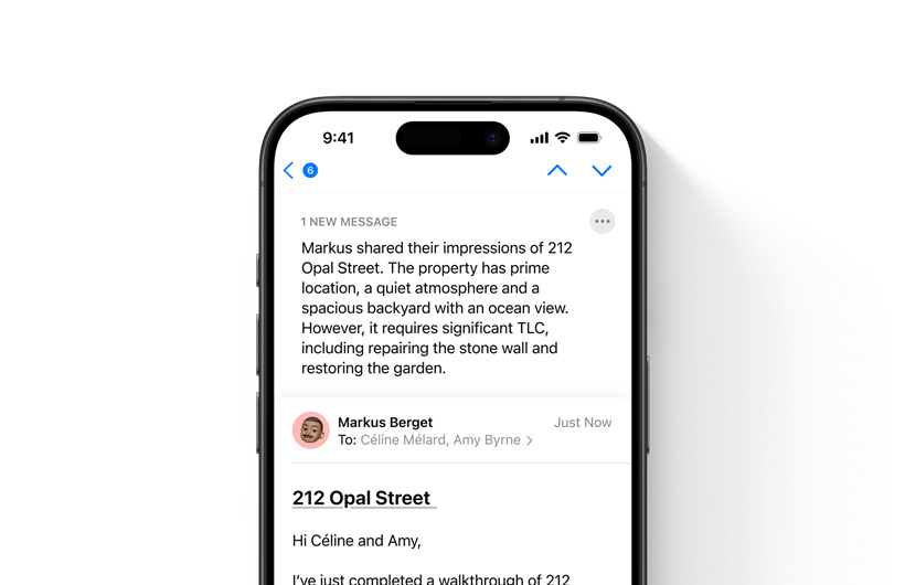 Sebuah email di aplikasi Mail ditampilkan dengan ringkasan yang dapat Anda baca di bagian atas.