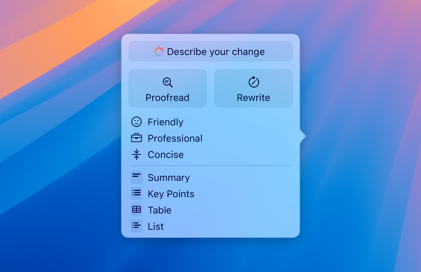 Interface de Ferramentas de Escrita com um campo de texto para inserir instruções, botões para Revisar e Reescrever, diferentes tons de voz do texto e as opções de resumo, pontos principais, tabela e lista.