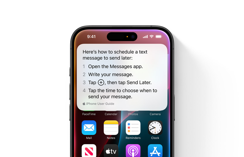 An iPhone is shown with step-by-step guidelines on how to schedule a text message to send later