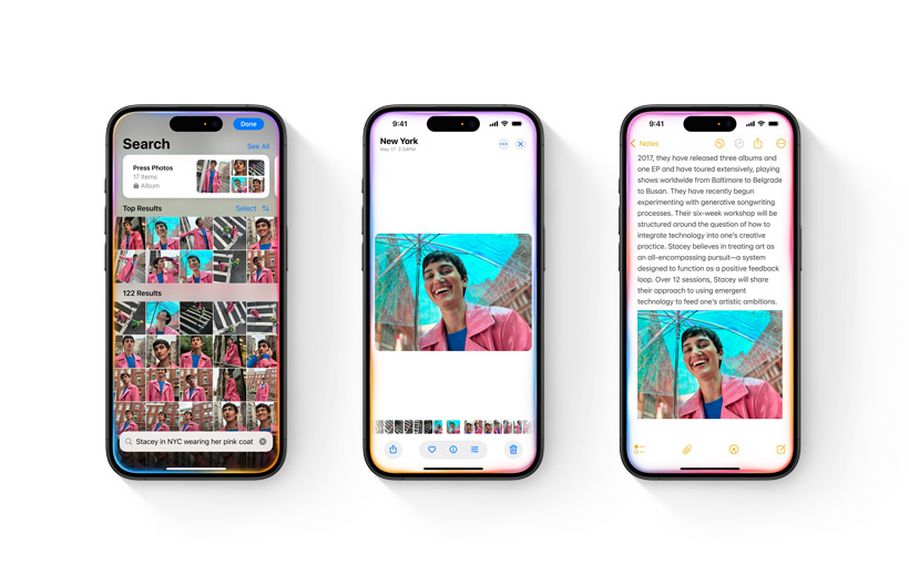 Une photothèque s’affiche sur un iPhone au-dessus d’une description de recherche. Un deuxième iPhone affiche une photo unique mise en avant sur la base de la recherche. Un troisième iPhone montre la photo insérée dans une note dans l’app Notes.