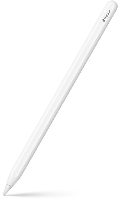 2. paaudzes Apple Pencil vertikāli ieslīpā novietojumā ar lejup vērstu rakstāmgalu. 2. paaudzes Apple Pencil augšdaļa ir ieliekta, uz tās redzams Apple logotips un produkta nosaukums. Lejā attēlots ēnojuma efekts.