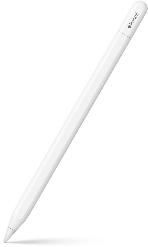 Apple Pencil USB-C rechtop in een hoek met de punt naar beneden. Op de ronde bovenkant is een streepje te zien dat aangeeft waar de dop eraf kan worden gehaald om een USB-C-kabel aan te sluiten. Op de dop staat het Apple logo en de naam van het product. Onderaan wordt een schaduw weergegeven.