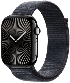 An Apple Watch Series 10 above swatches of the available finishes: Jet Black aluminum, Silver aluminum, Rose Gold aluminum, Natural titanium, Slate titanium, and Gold titanium.