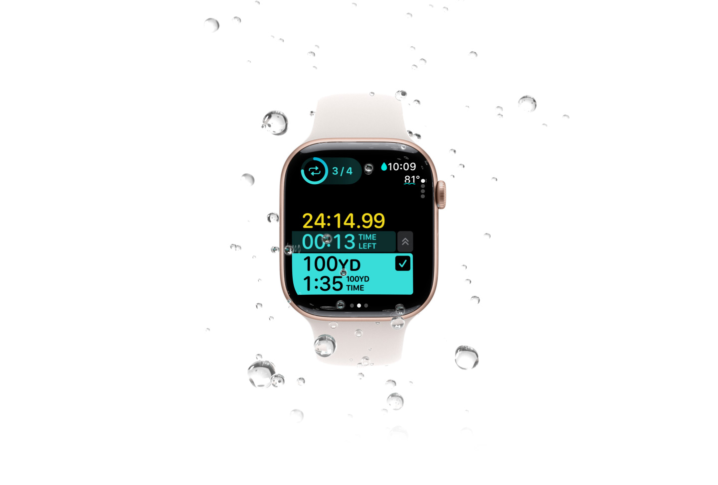 A swim workout with metrics including water temperature on an Apple Watch Series 10, surrounded by water bubbles.