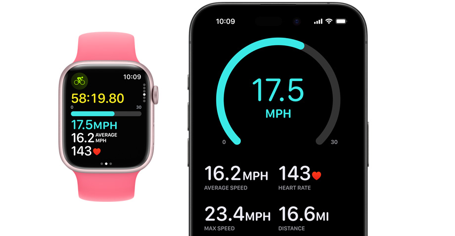 Vorderansicht von einer Apple Watch und einem iPhone. Jemand hat ein Training auf der Watch begonnen und es wird auf dem iPhone angezeigt.