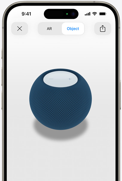 Blue HomePod on the screen of an iPhone in AR view.