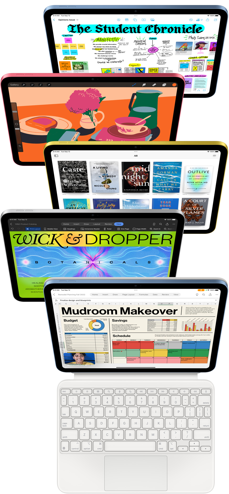 Front facing iPad screens show a variety of Apple apps and App Store apps.