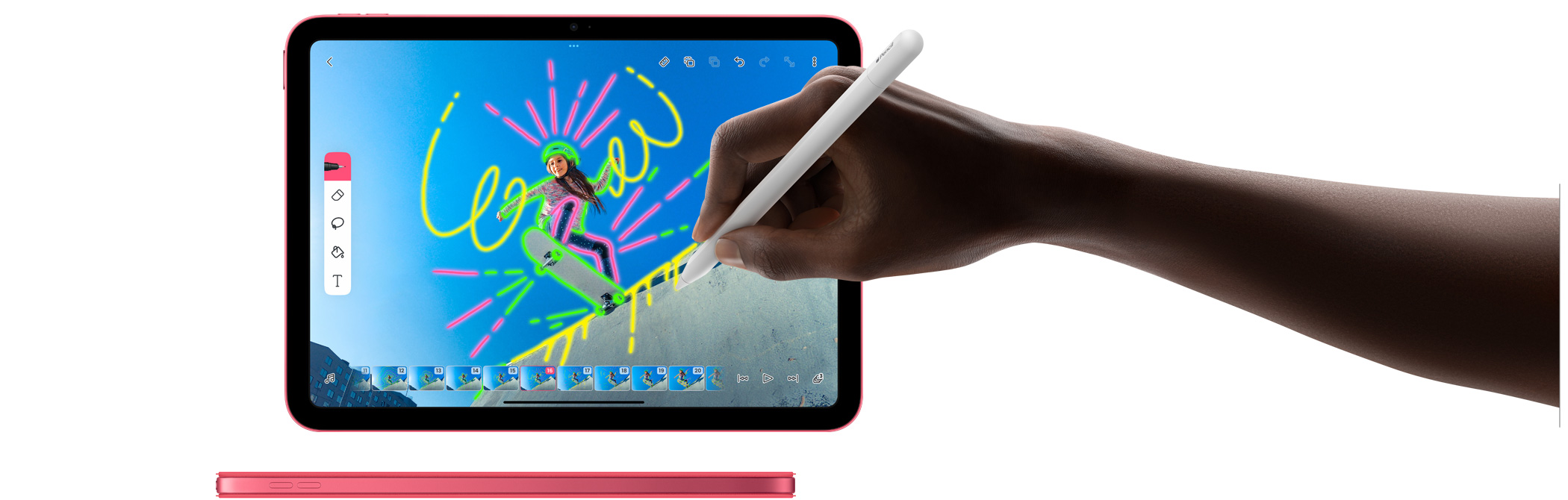 Using Apple Pencil in FlipaClip and side view of pink iPad with matching Smart Folio cover